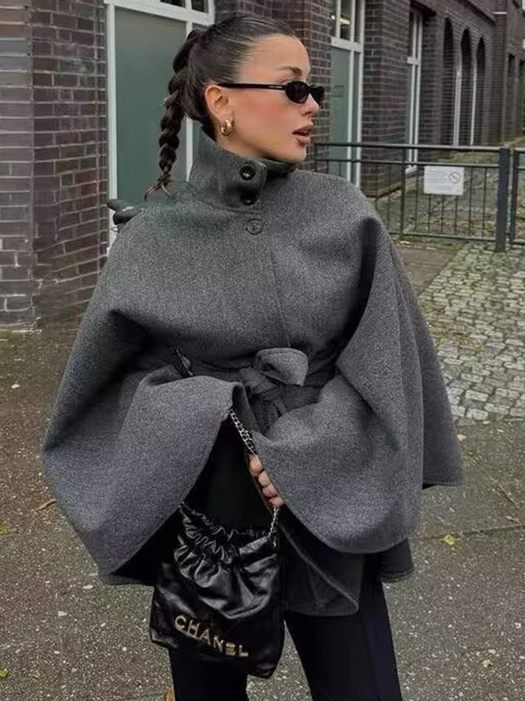 Wool Coat Peacoat - TFMLN 여성 모직 망토 코트 벨트