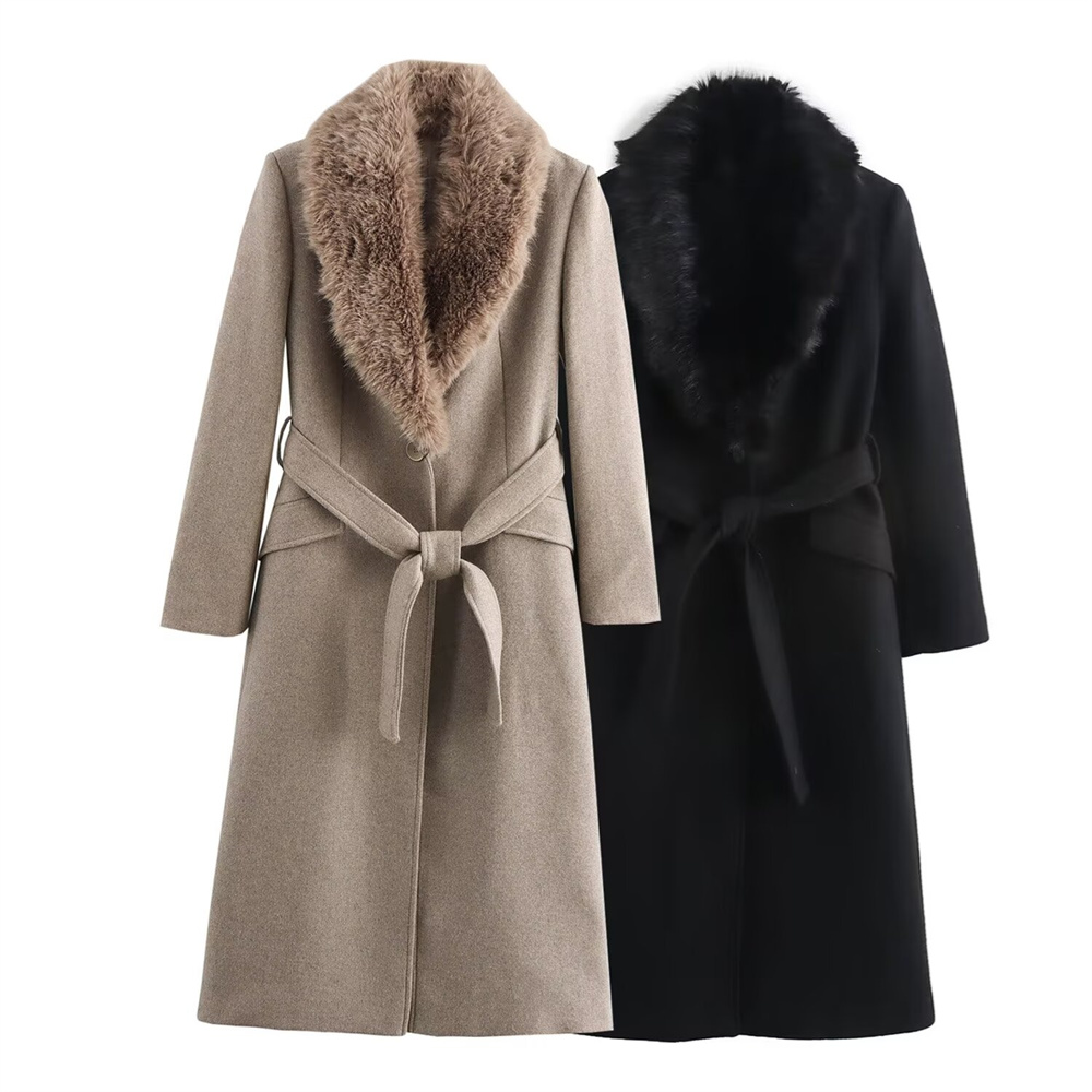 Wool Coat Peacoat - 여성용 벨트 따뜻한 퍼 칼라 코트