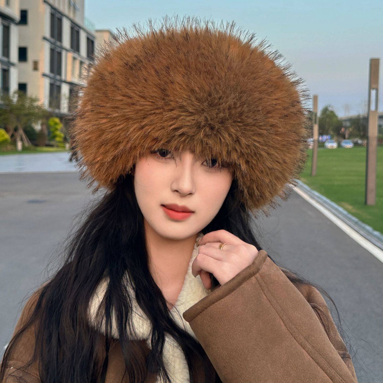 Knit Beanie Hat Warm - 부드러운 플러시 인조 여우털 원형 오픈탑