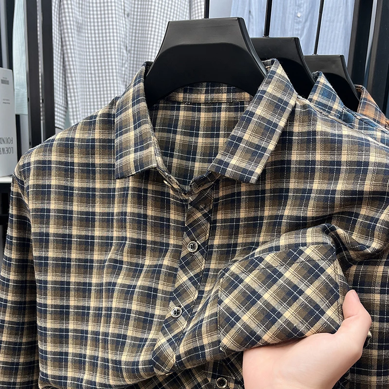 Flannel Shirt Lined - 남성용 라펠 칼라 플래드 셔츠 긴팔