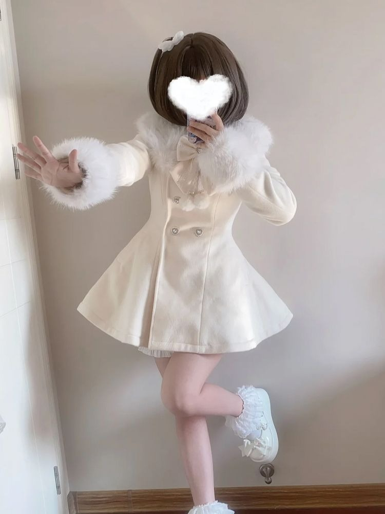 Wool Coat Peacoat - 일본풍 가을 겨울 우아한 카와이 코트