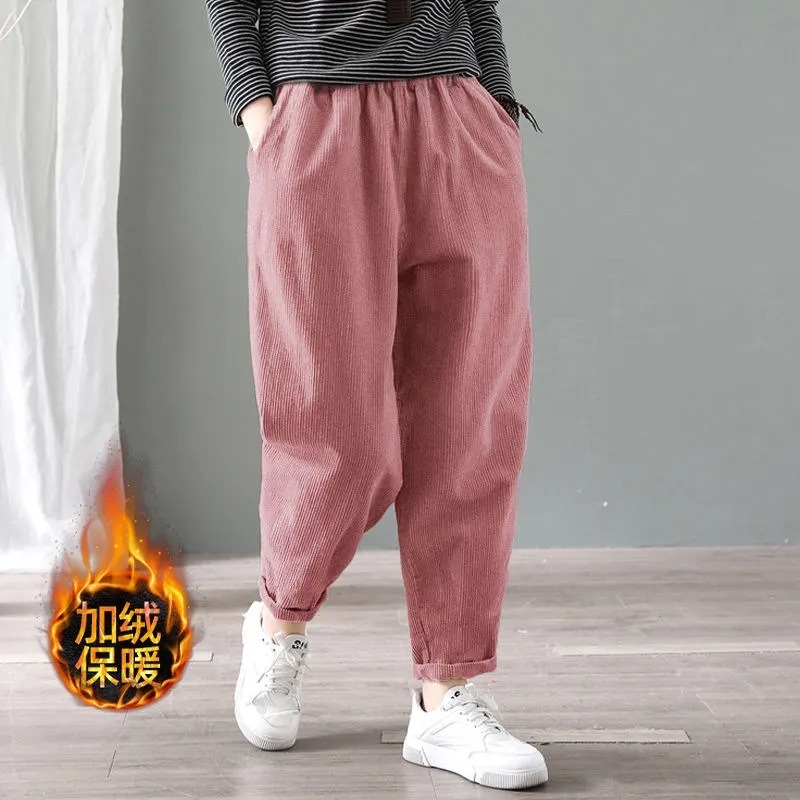 Corduroy Pant Warm - 여성 코듀로이 하렘 바지 신축성 있는